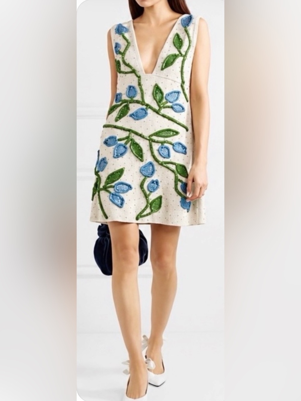 Ganni Ivory Beaded Dress with Blue and Green Floral Embroidery